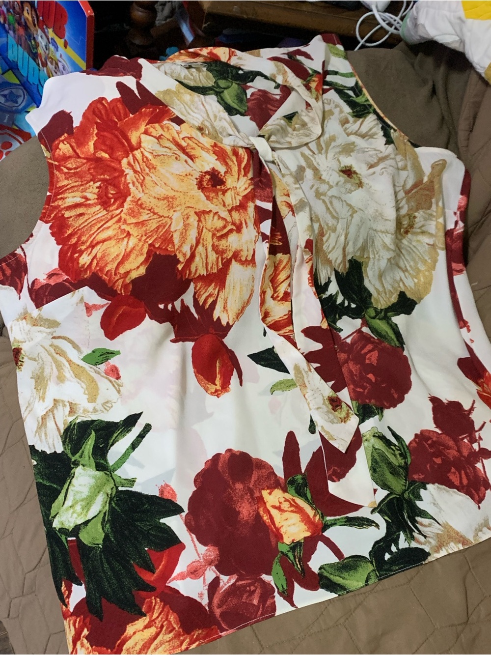 Anne Klein Plus Size Floral Tie-Neck Sleeveless Blouse
